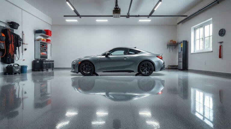 Modern residential garage featuring a smooth, reflective garage floor coating designed for durability, abrasion resistance, and long-term performance.